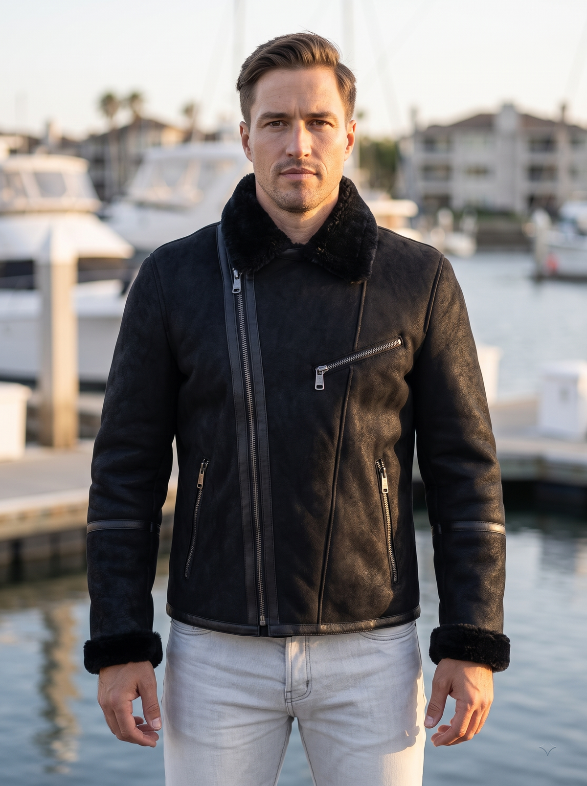 Enzo Black Fur Collar Leather Jacket For Men