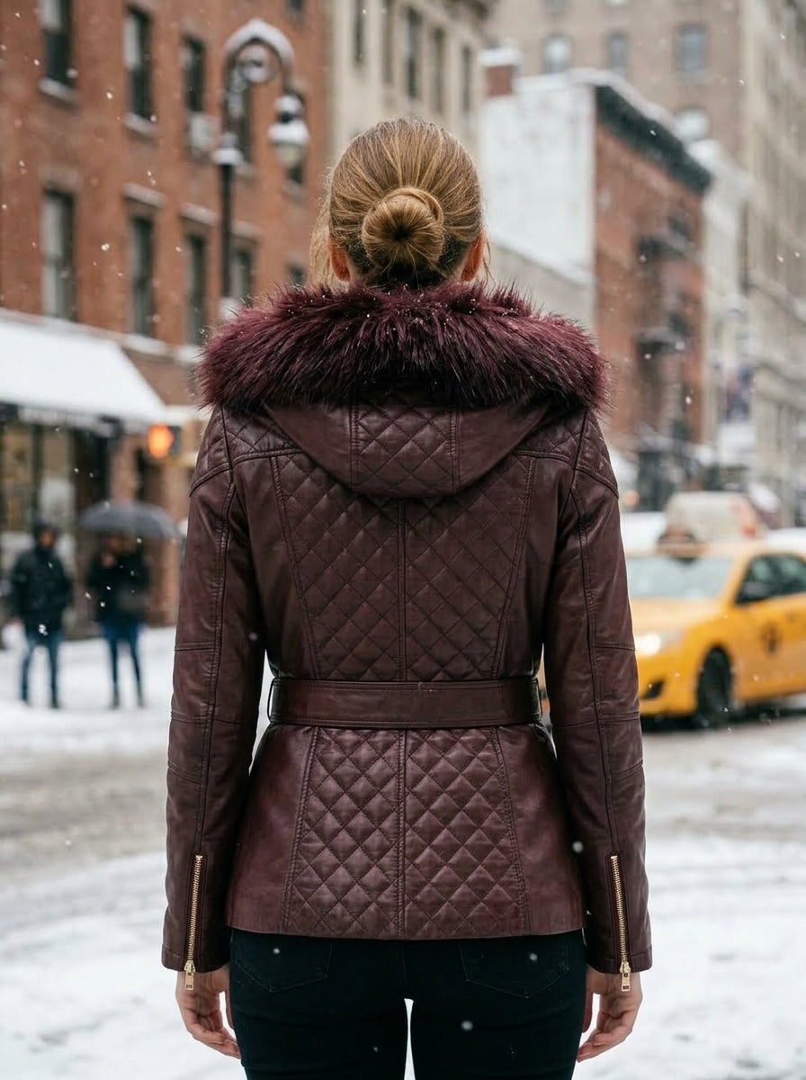 Flamboyant Brown Leather Jacket With Fur Hood And Center Belt For Women