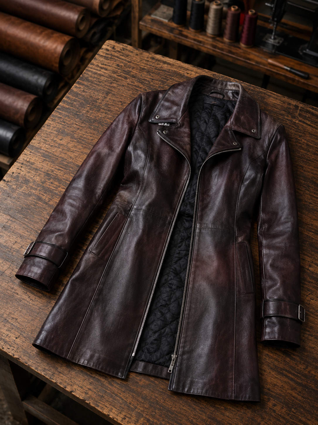 Frances Long Brown Leather Coat For Women