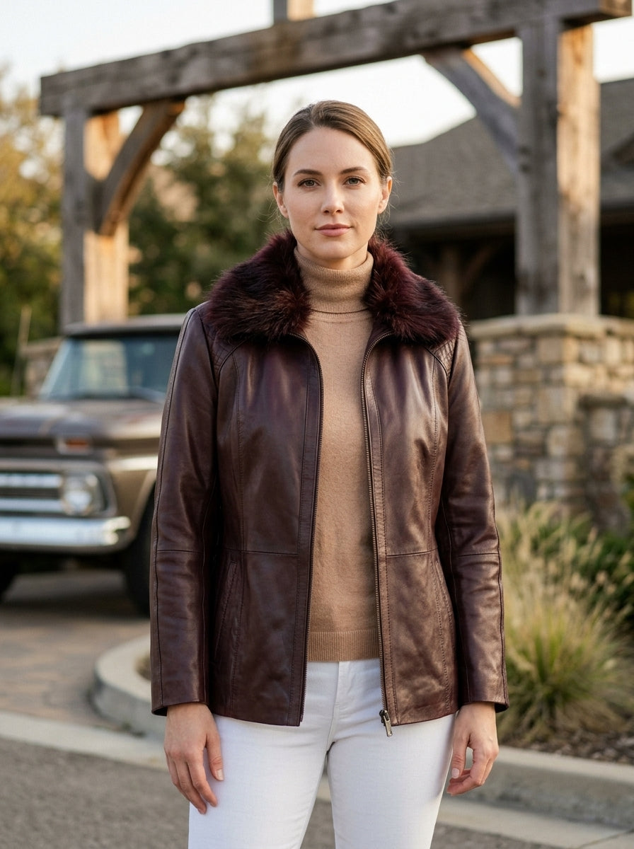 Gemma Dark brown Leather Jacket For Women with Fur Collared
