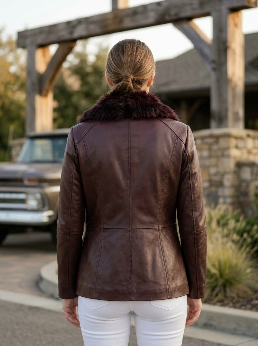 Gemma Dark brown Leather Jacket For Women with Fur Collared