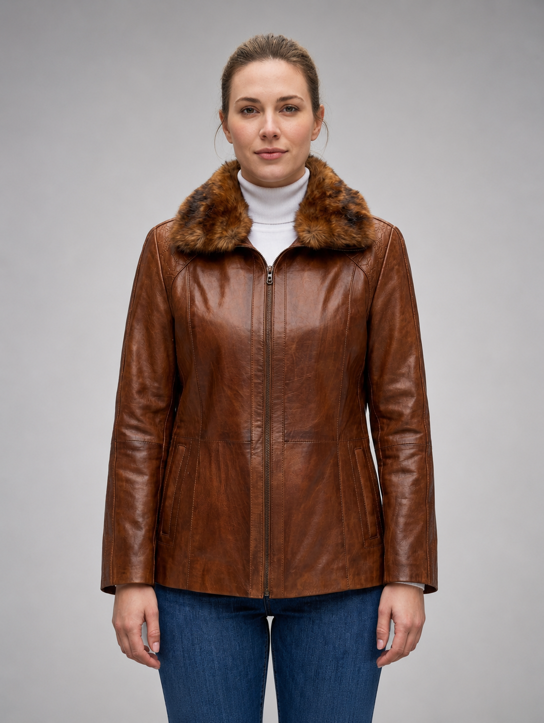 Gemma Original Fur Collar Brown Women Leather Jacket
