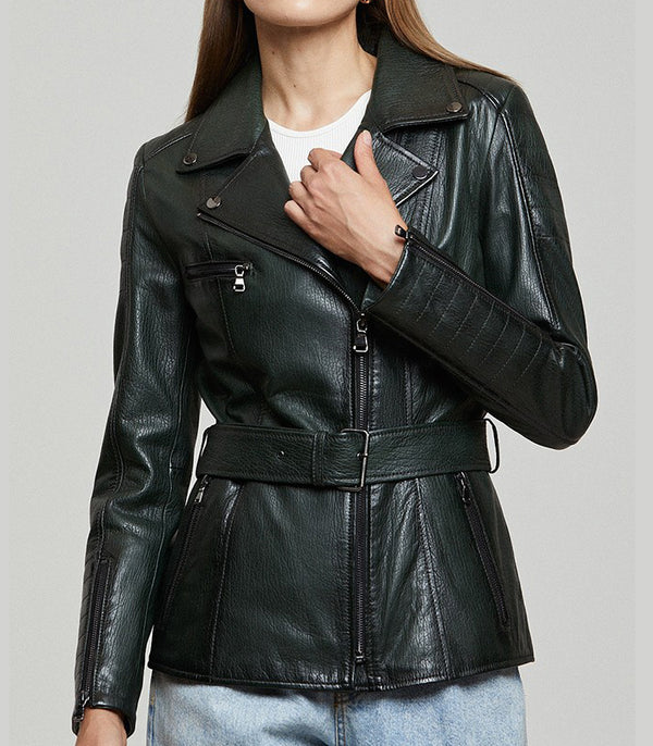 Audrey Green Stylish Leather Jacket With Center Belt For Women