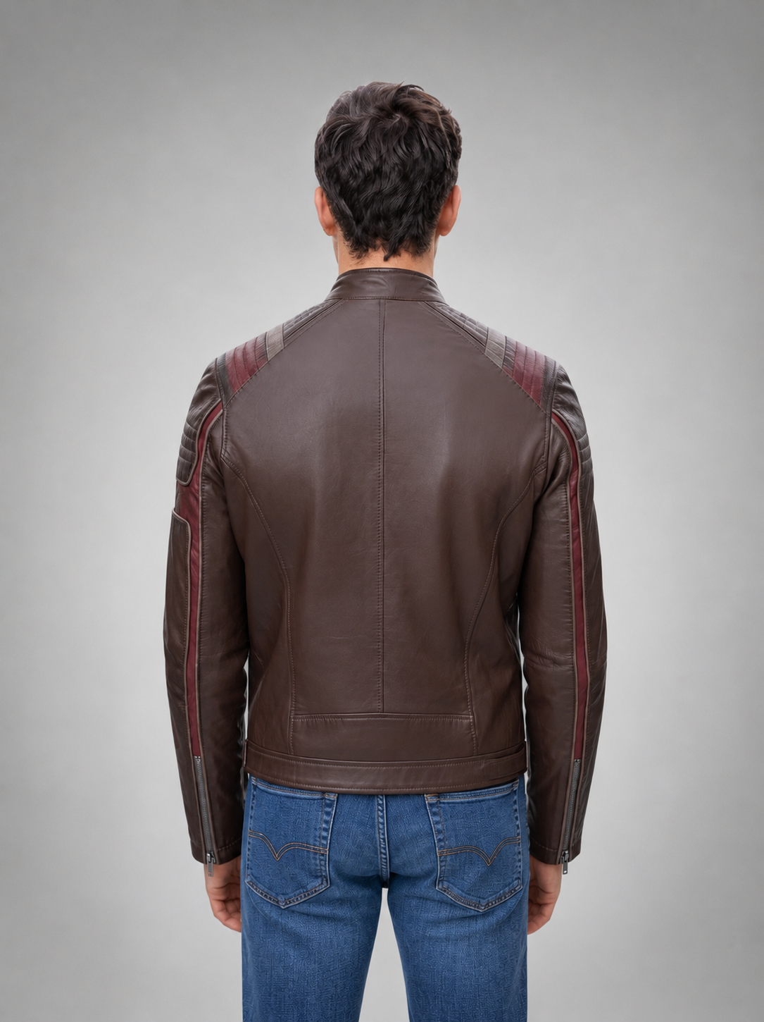 Harrison Men's Brown Leather Jacket With Red Stripe