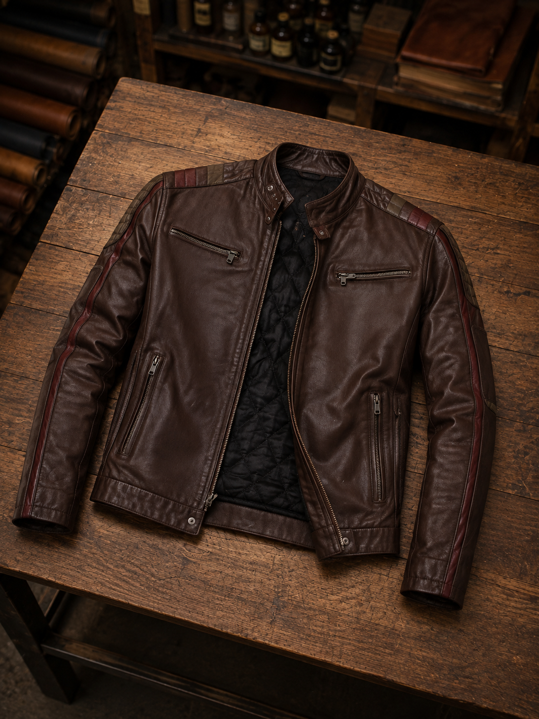 Harrison Men's Brown Leather Jacket With Red Stripe