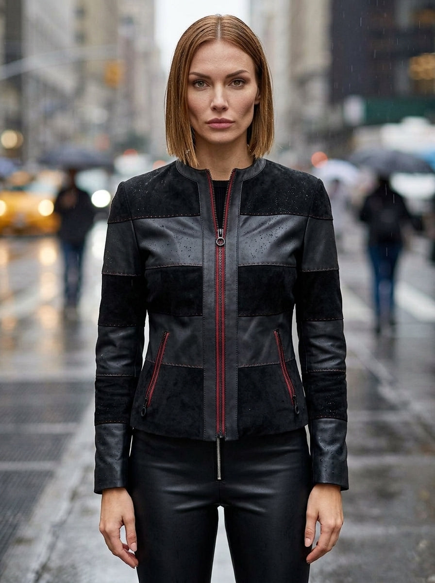 Juliana Black Suede & Leather Jacket For Women
