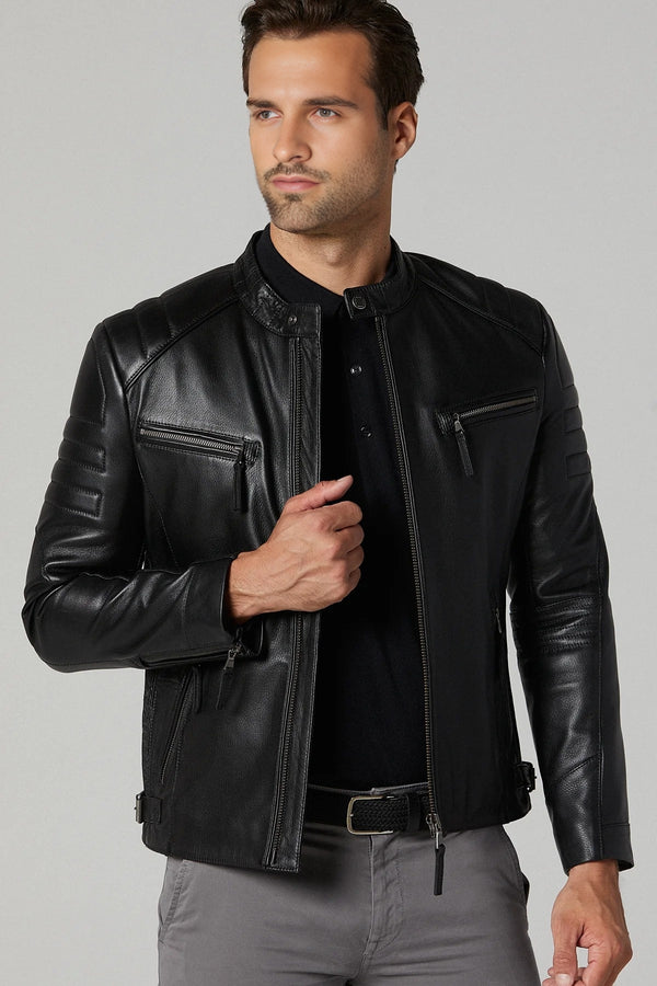 Bosh-X Black Motor Bike Leather Jacket For Men