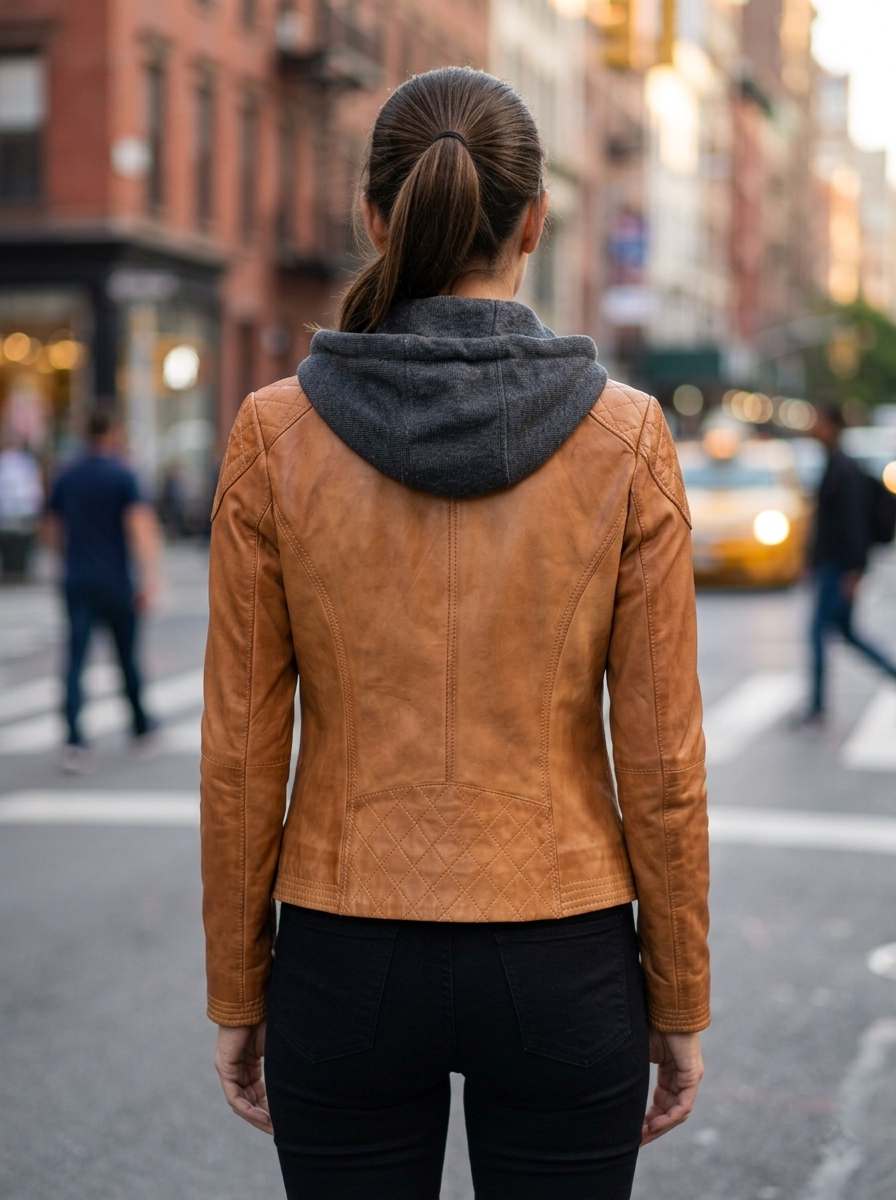 Katrina With Stylish Look Women Orange Leather Jacket With Hood