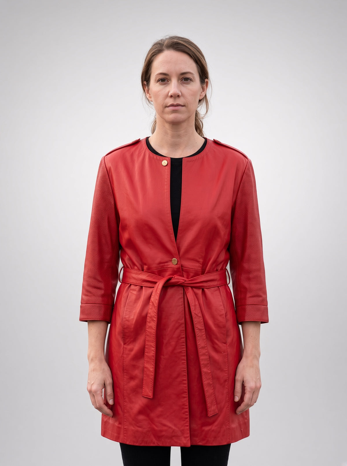 Lauren Red Center Belt Women Leather Coat