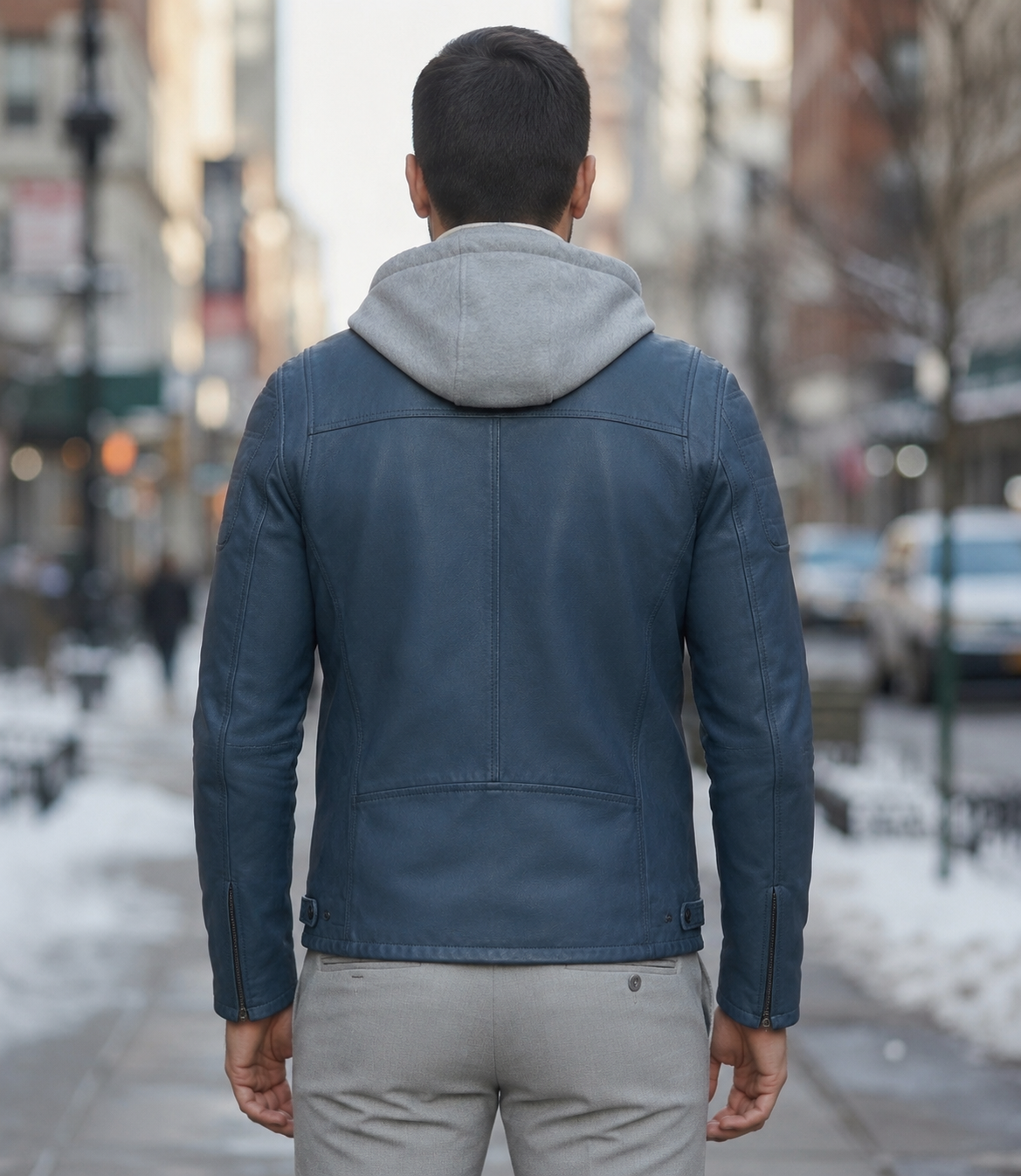 Leonard Blue Leather Jacket With Hood For Men