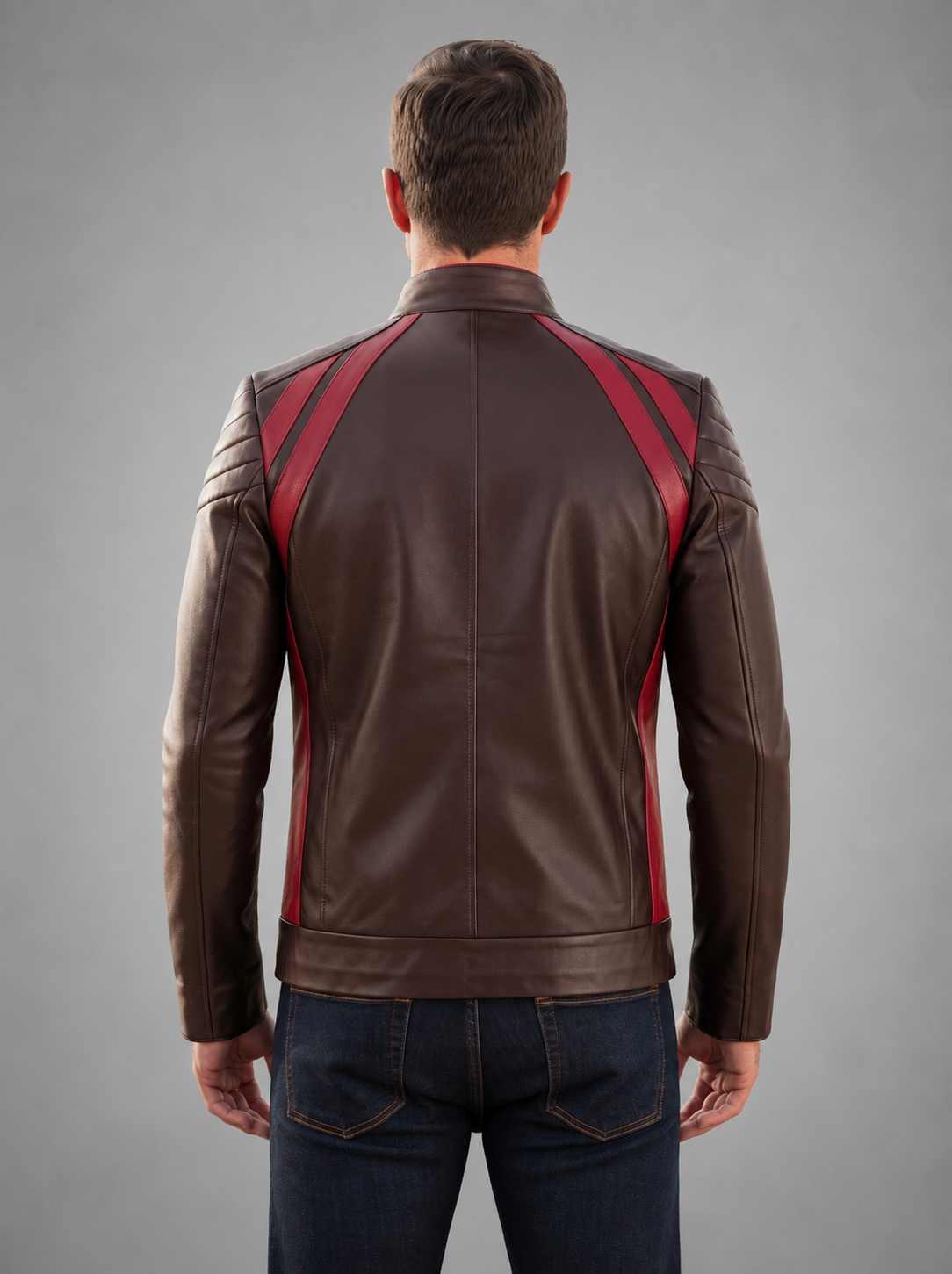 Louis Dark Brown Leather Jacket With Red Stripe For Men
