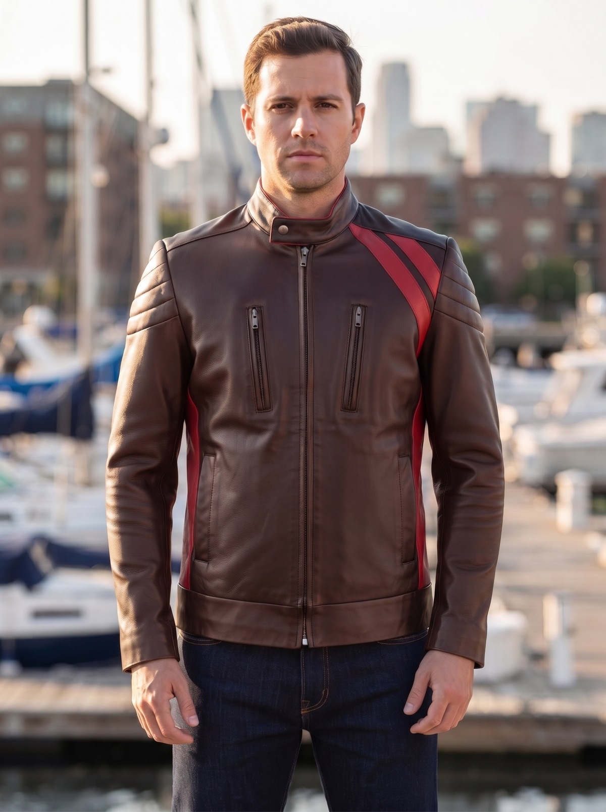 Louis Dark Brown Leather Jacket With Red Stripe For Men