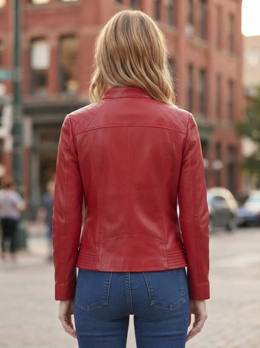 Lucky Red Motor bike Leather Jacket For Women