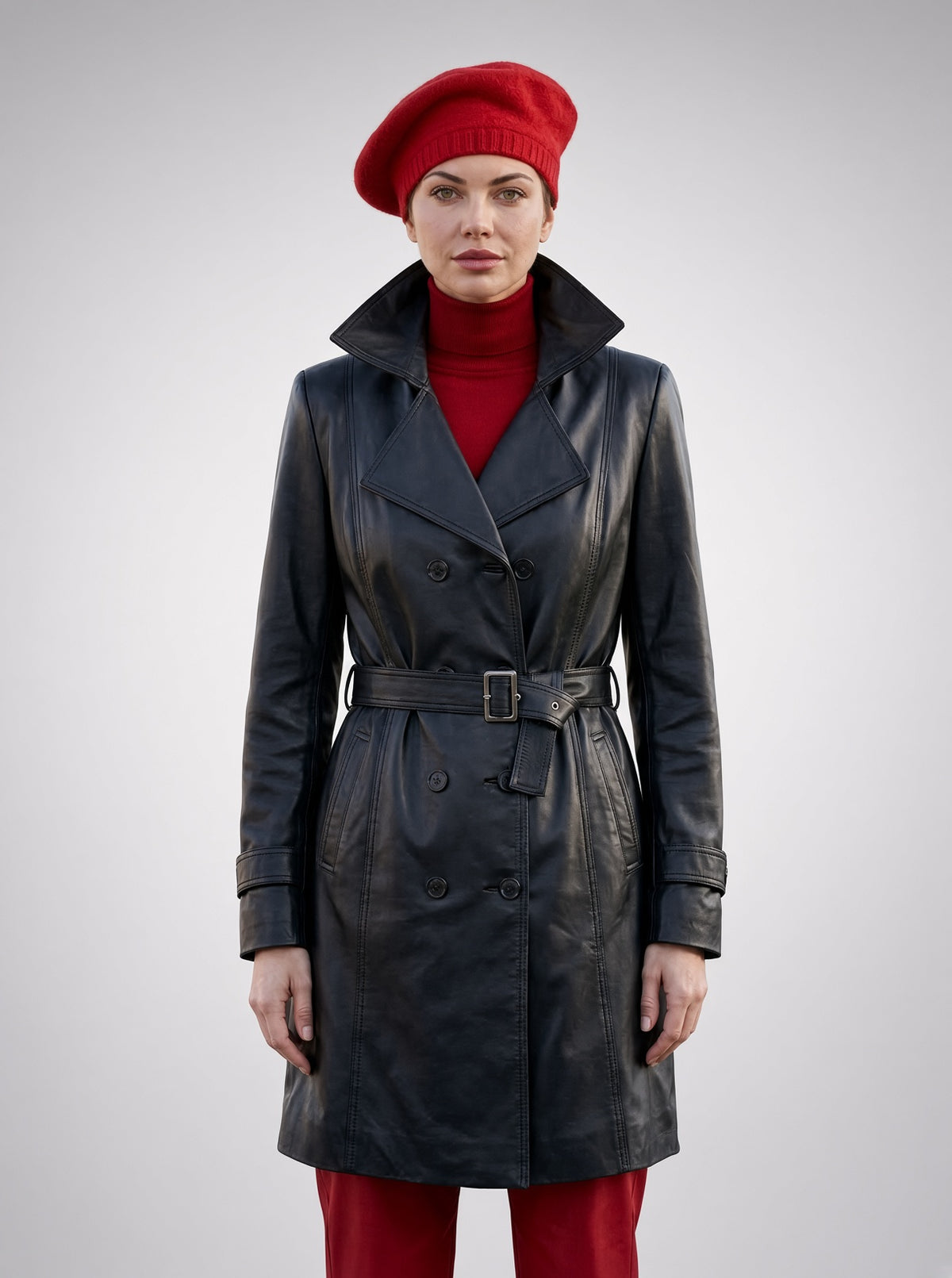 Maeve Black Center Belt Leather Coat For Women