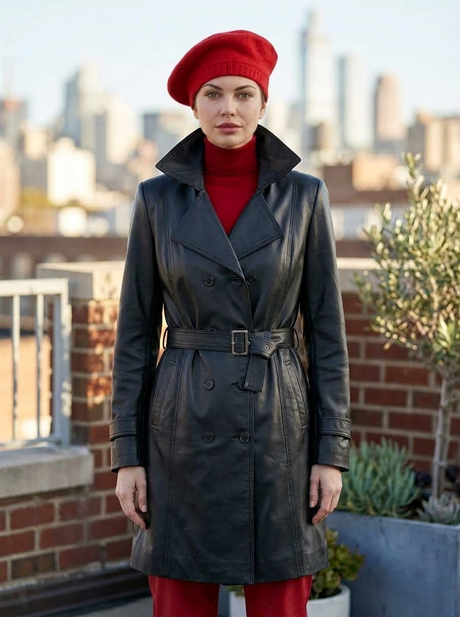 Maeve Black Center Belt Leather Coat For Women