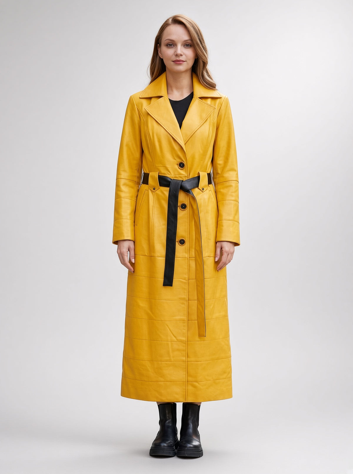Mary Long Yellow Leather Coat With Center Belt For Women