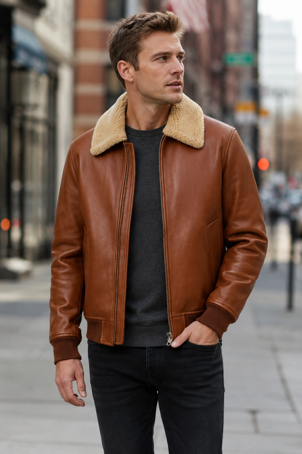 Mikhail Men’s Cognac Brown Leather Bomber Jacket