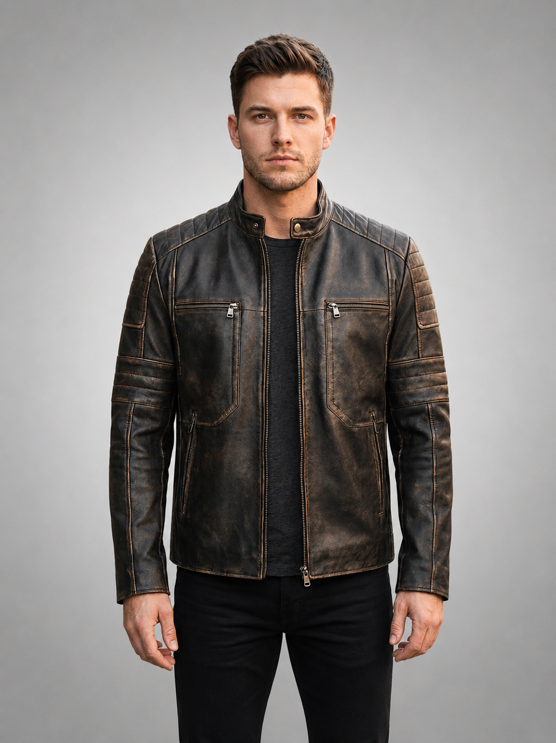 Morant Men's Vintage Slim-Fit Brown Leather Jacket