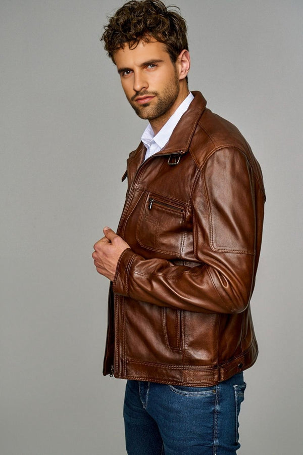 Brown Distressed High Collar Leather Jacket For Men