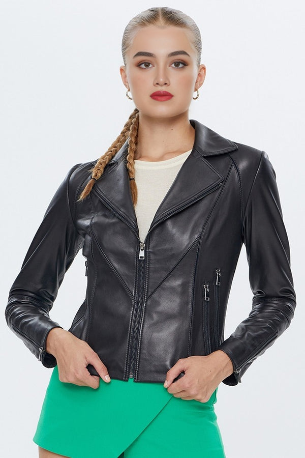 Black Olivia Leather Jacket For Women's