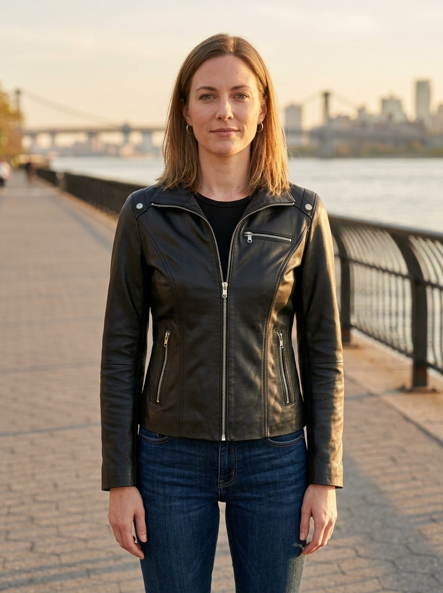 Patricia Stylish Collar Black Leather Jacket For Women