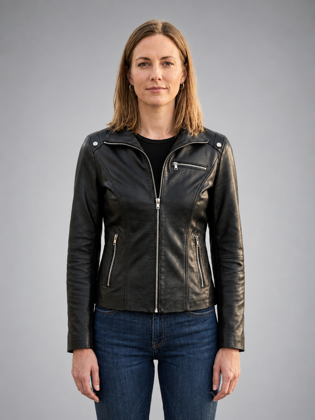 Patricia Stylish Collar Black Leather Jacket For Women
