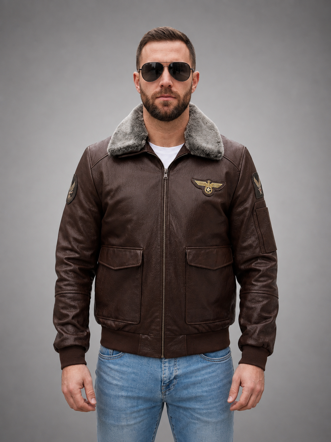 Patrick Brown Fur Collar Leather Jacket For Men