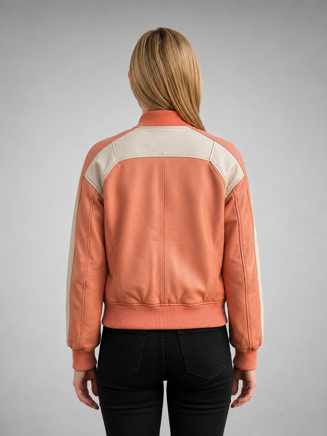 Peach & White Leather Jacket For Women