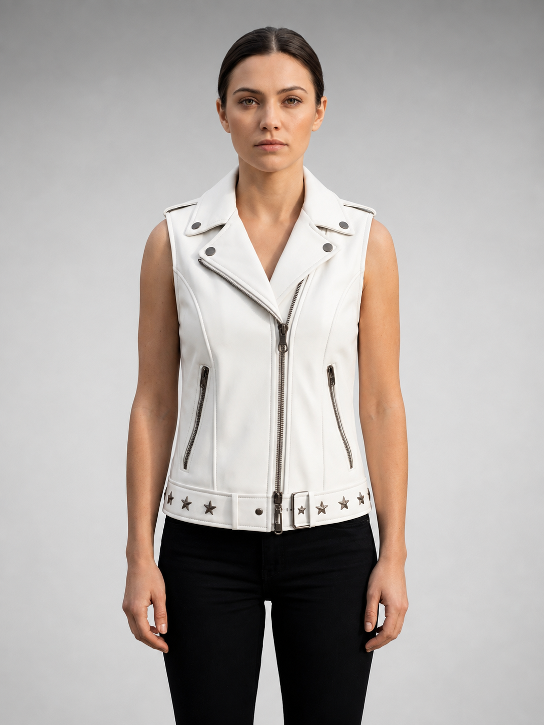 White Snow Vest Leather Jacket For Women
