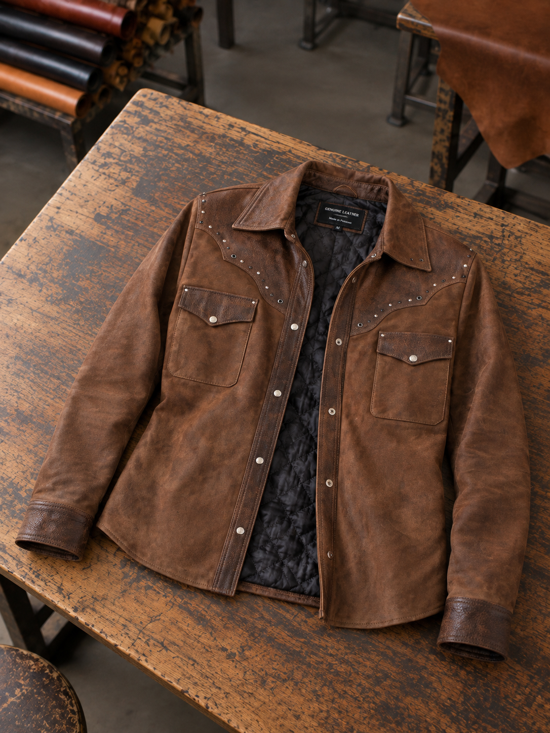 Premium Western-Style Brown Suede & Leather Shirt Jacket
