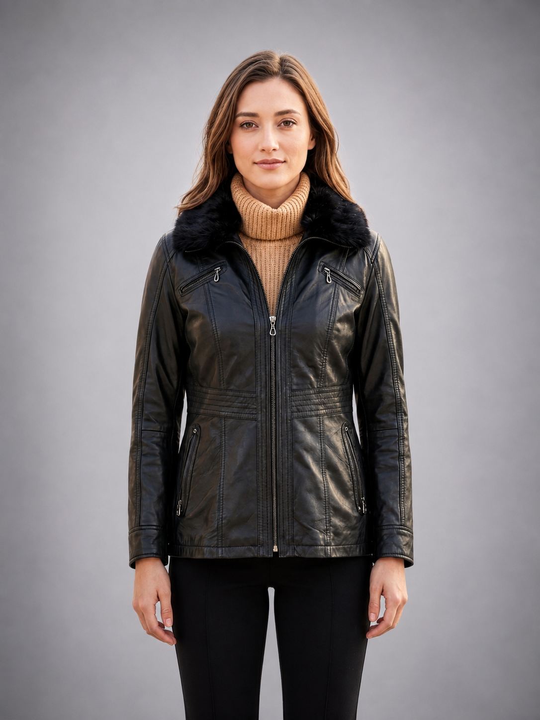 Rachel Black Fur Collar Women Leather Jacket