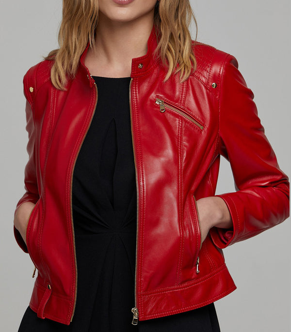 Amelia Red motor biker racer Leather Jacket For Women