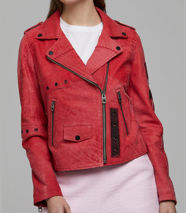 Hannah Red Distressed Leather Jacket For Women