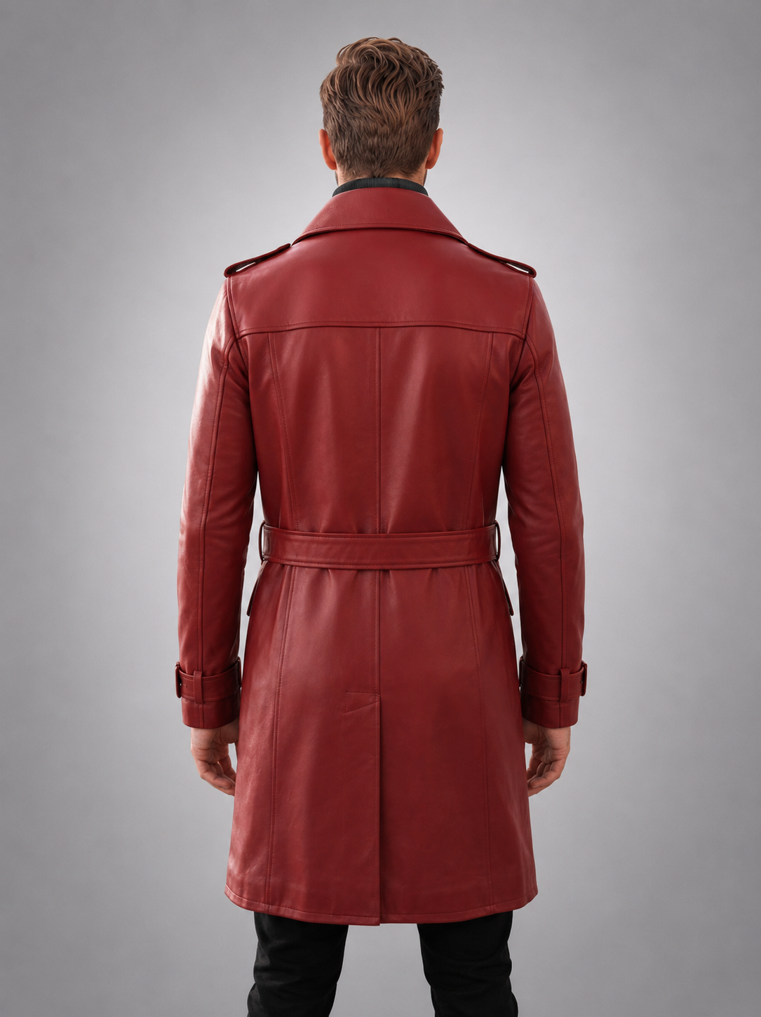 Red Trench Winter Leather Coat For Men