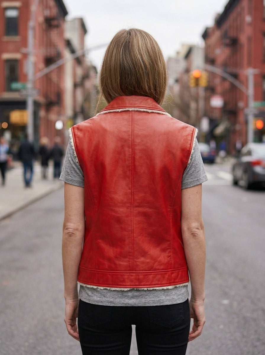 Red & White Vest Leather Jacket For Women