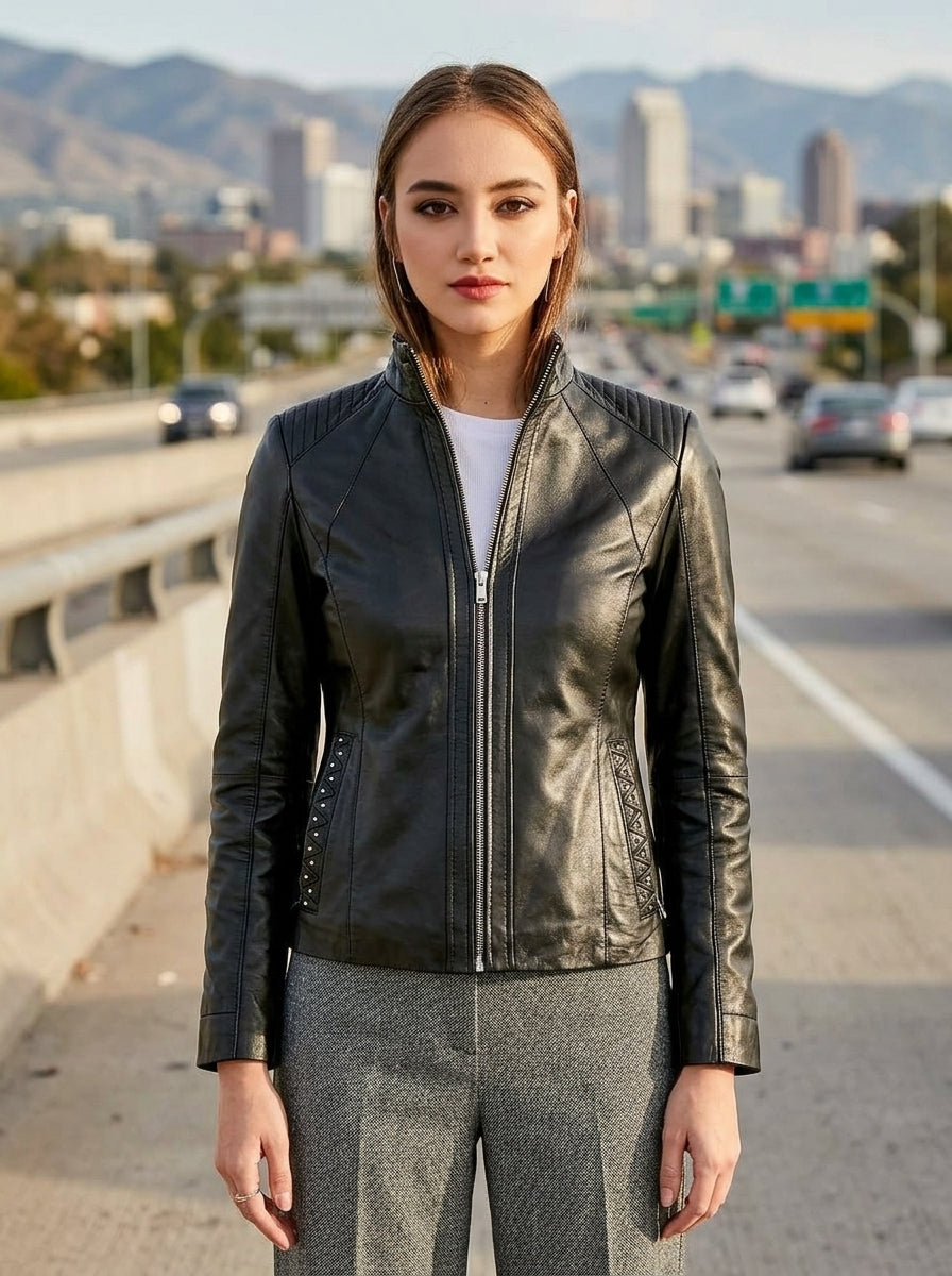 Rhinestone Motor Biker Racer Black Leather Jacket For Women