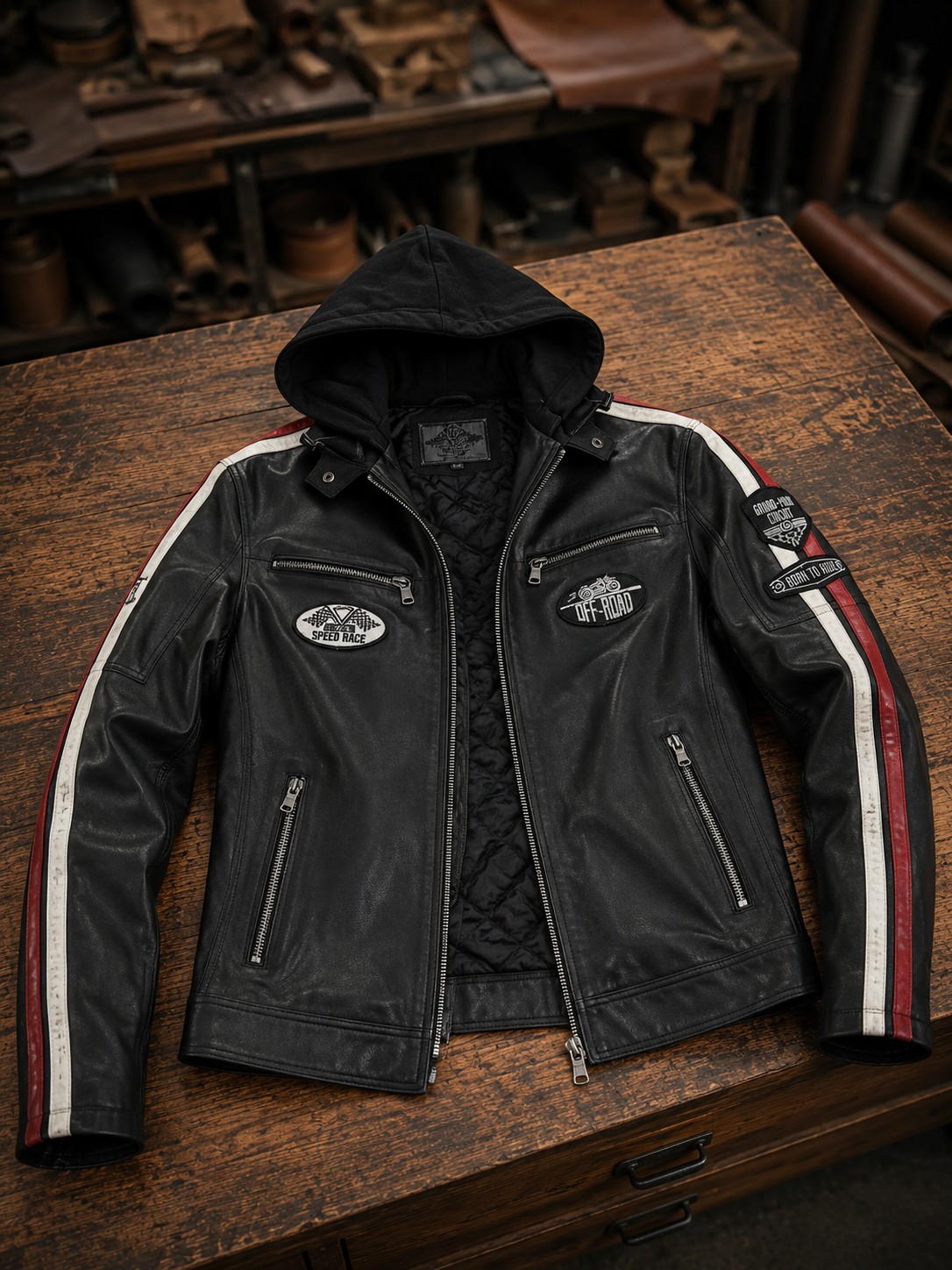 Rock Black Stylish Leather Jacket With Hoodie For Men