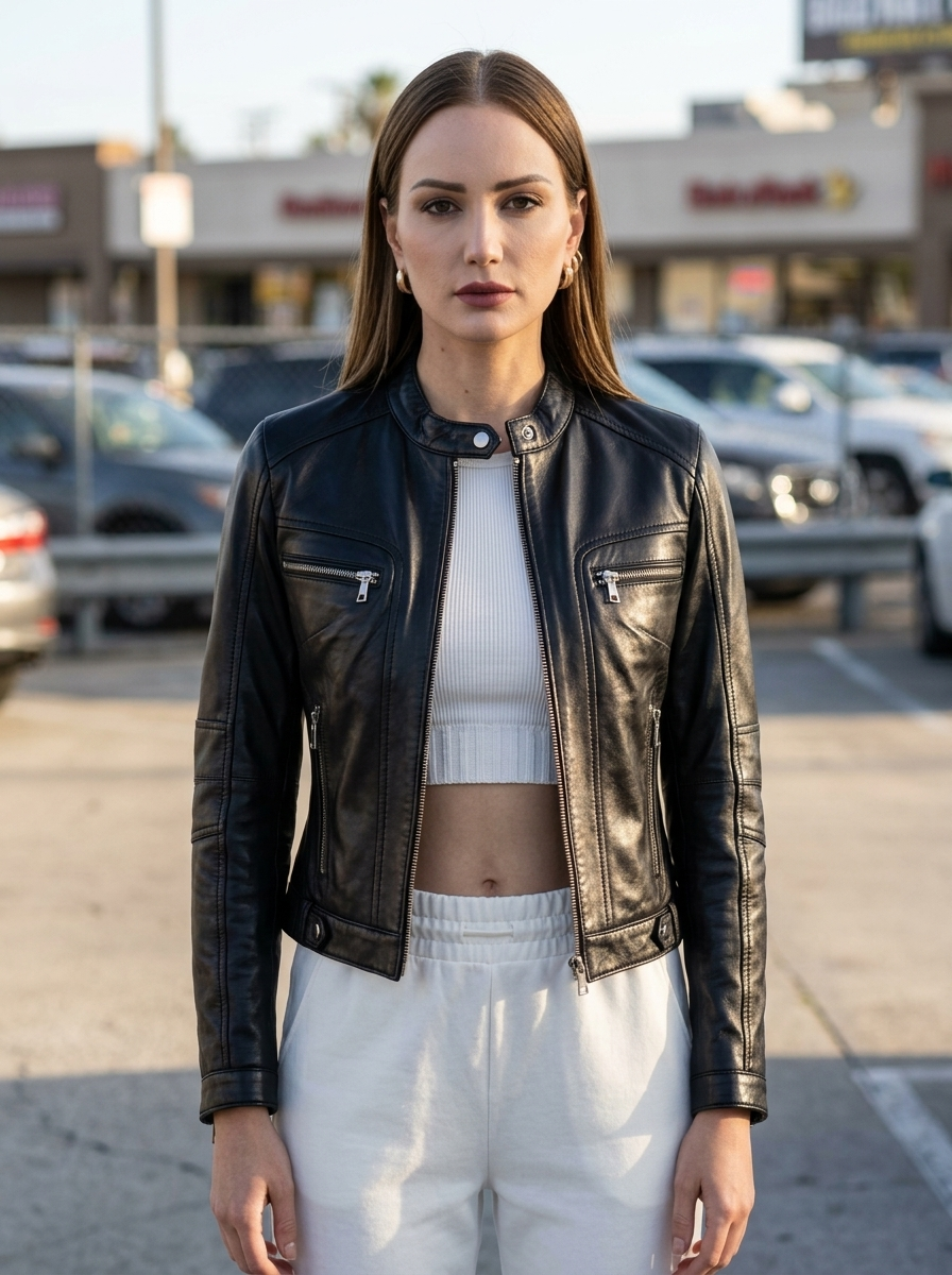 Ruby Black Cafe Racer Leather Jacket For Women