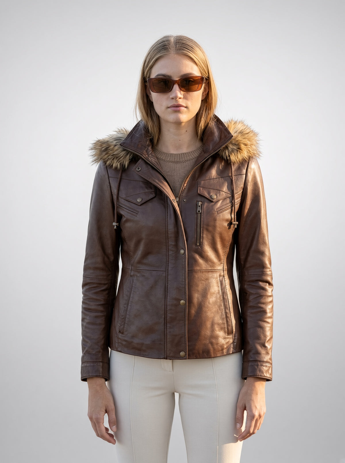 Sienna Women's Brown Leather Jacket With Fur Hood
