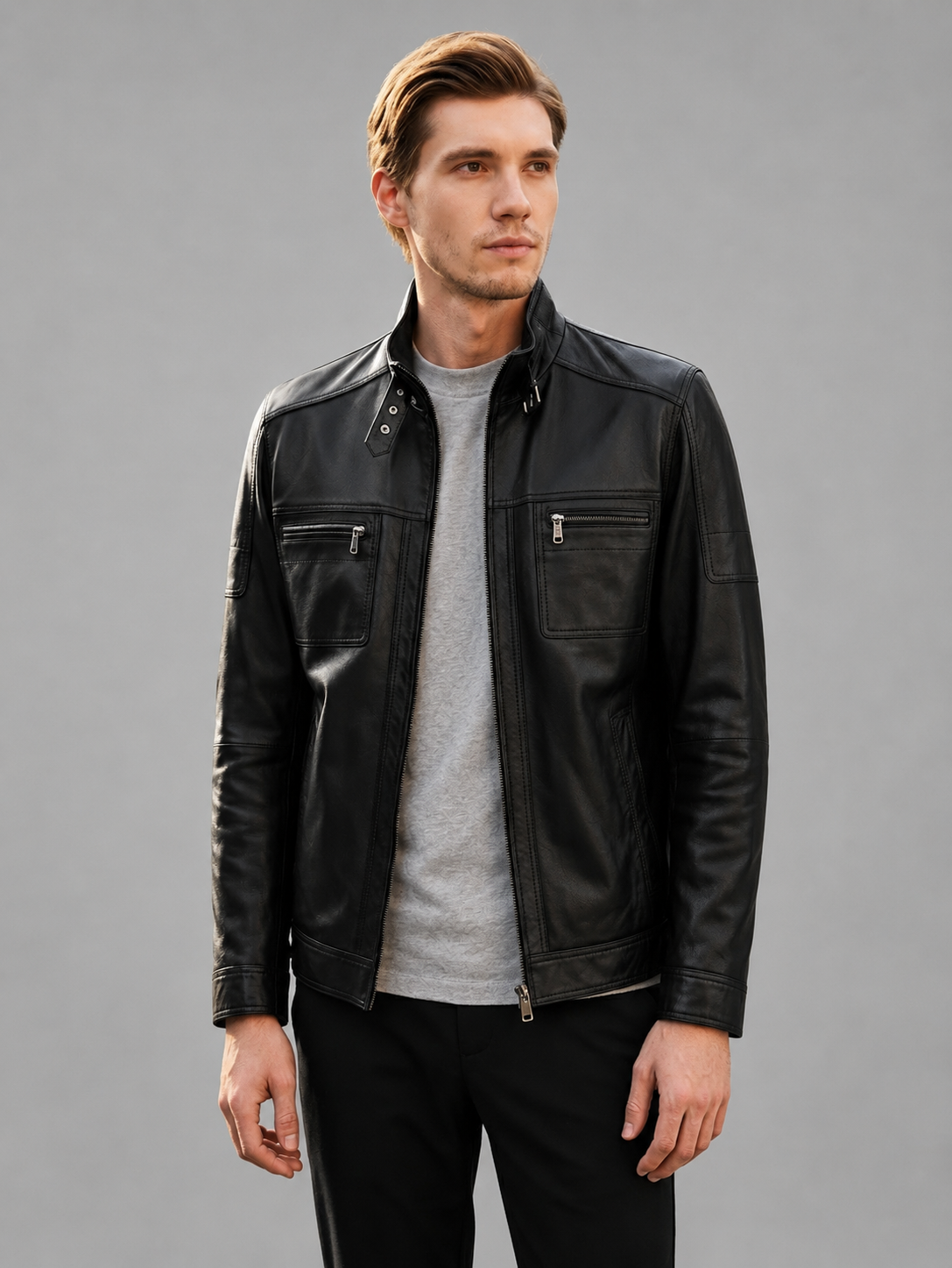 Wade Slim-Fit Black Leather Jacket For Men