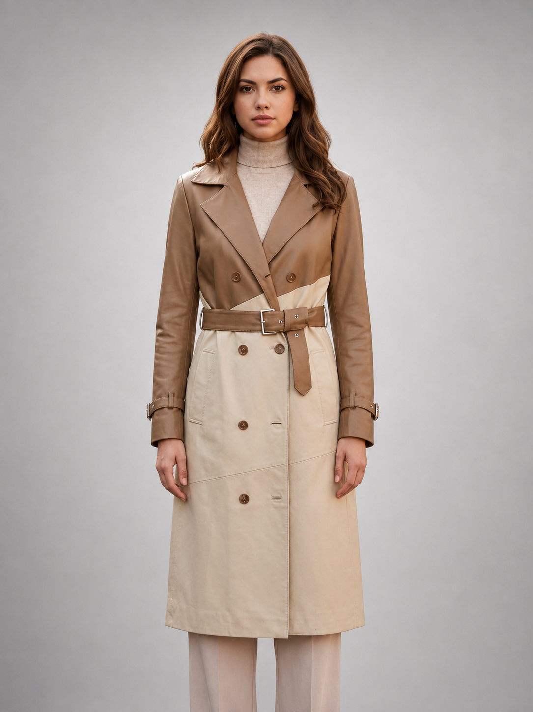 Sofia Women's Beige Garnished Cappuccino Leather Trench Coat