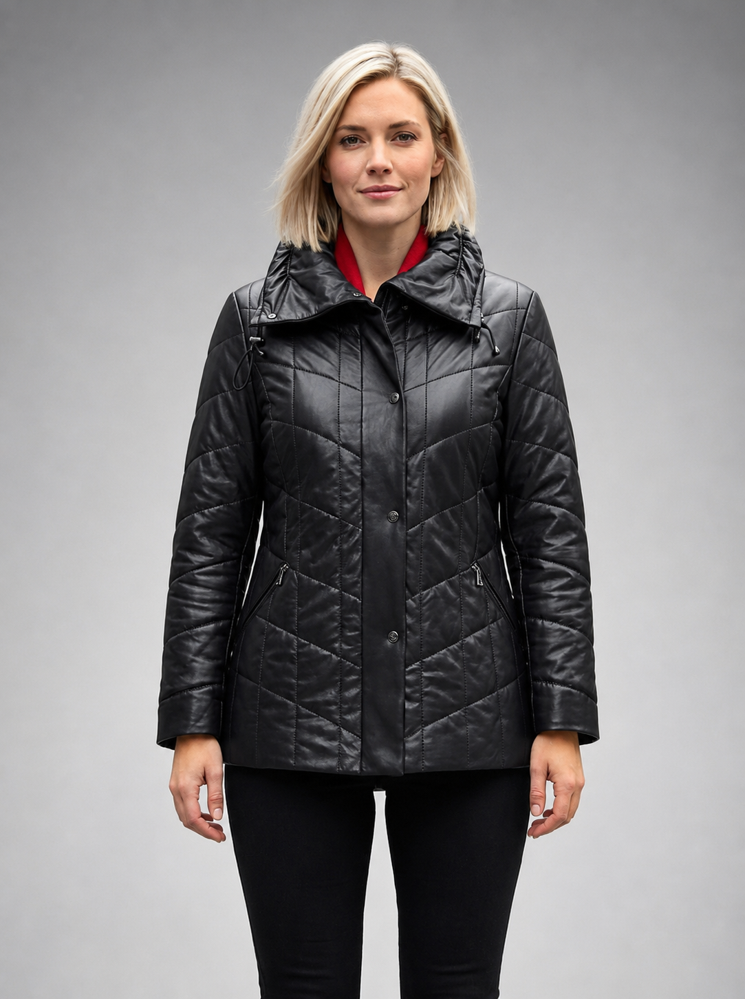 Sophia Black High Collar Leather Jacket For Women
