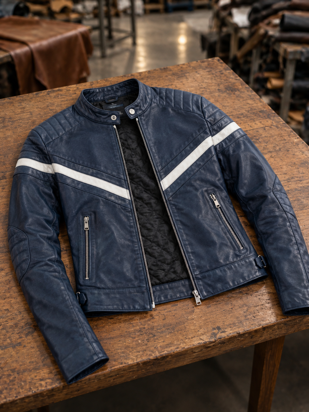 Navy Stylish Black Women Leather Jacket With Beautiful Blue & White Color