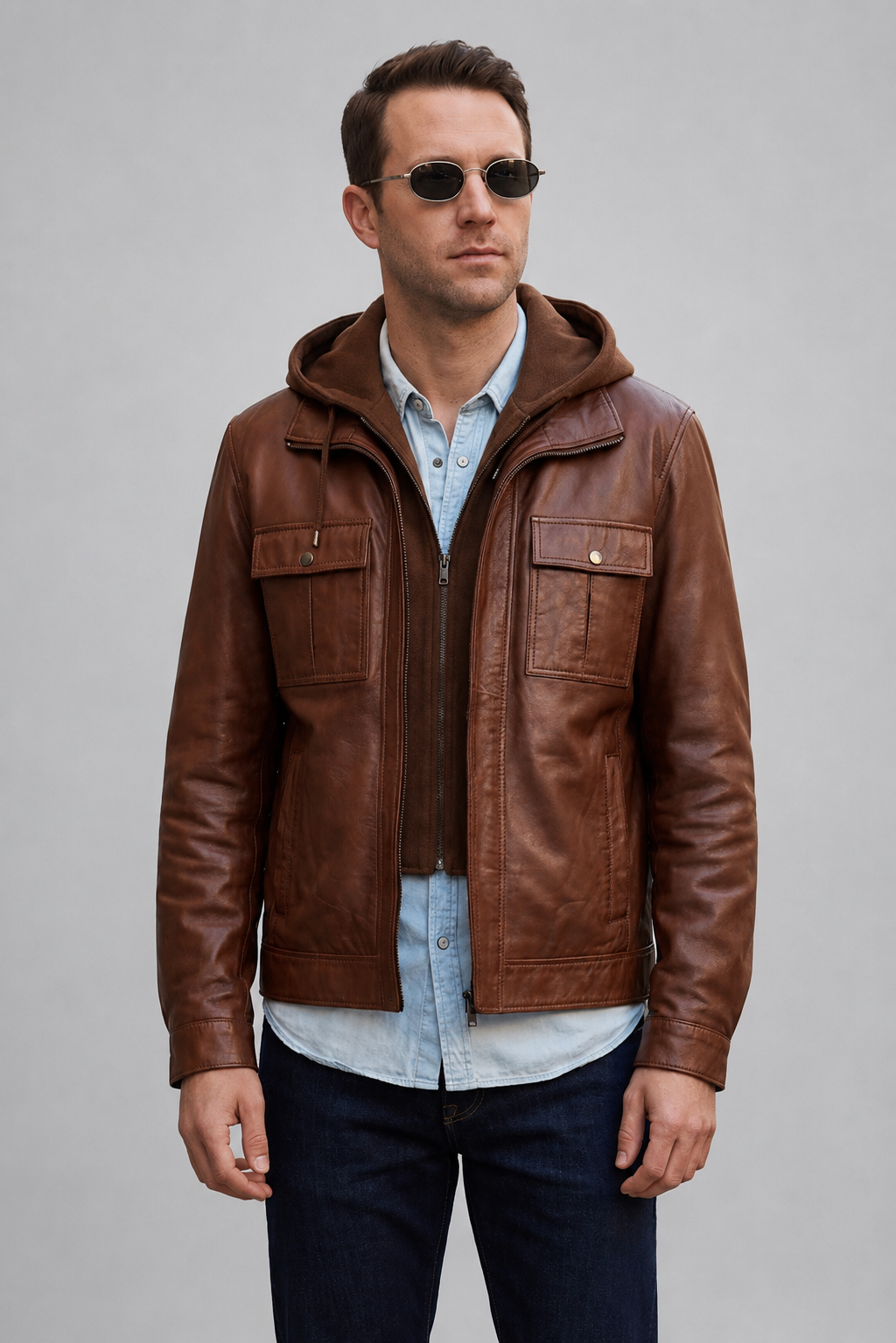Tyler Brown Shirt Hood leather Jacket For Men