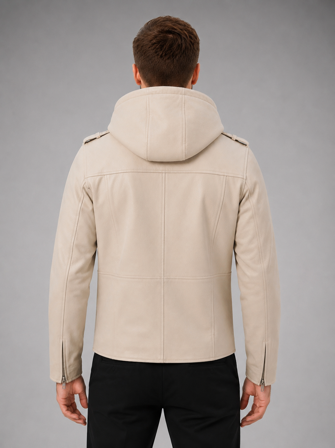 VantaRider Men's Beige Hooded Biker Leather Jacket