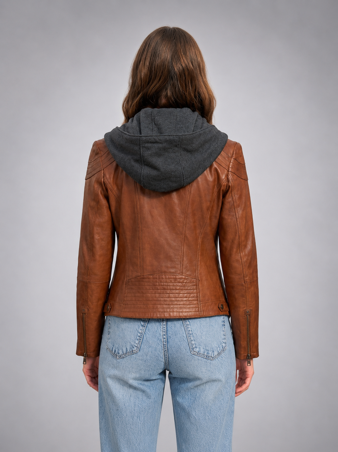 Vegas Stylish Brown Leather Hoodie Jacket For Women