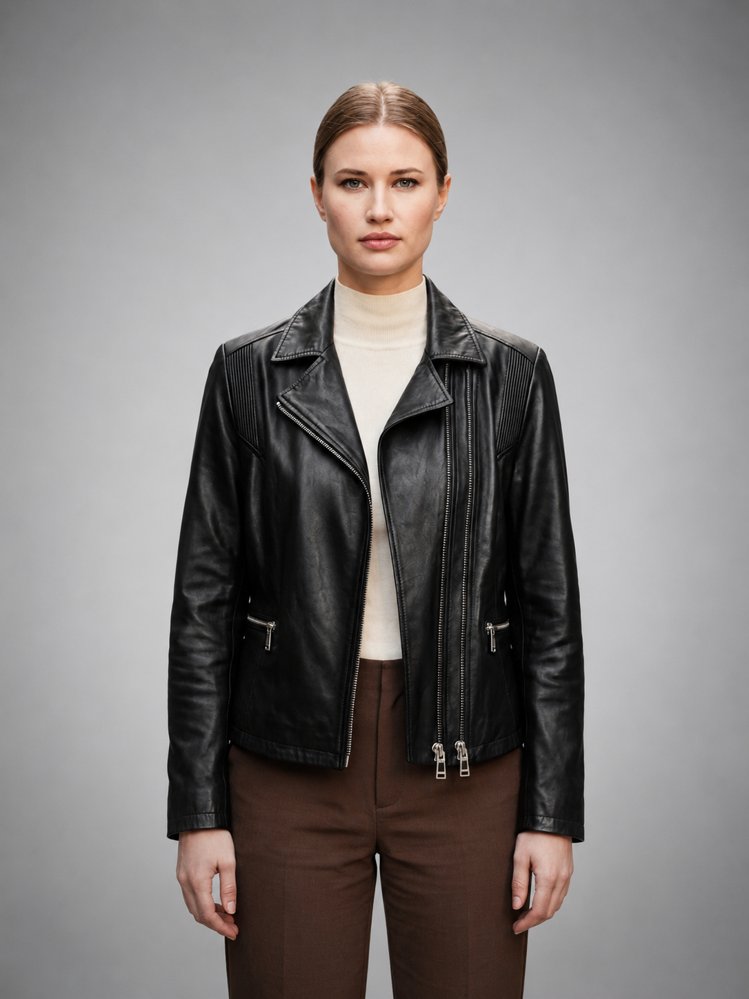 Women's Ribbed Panel Black Leather Biker Jacket