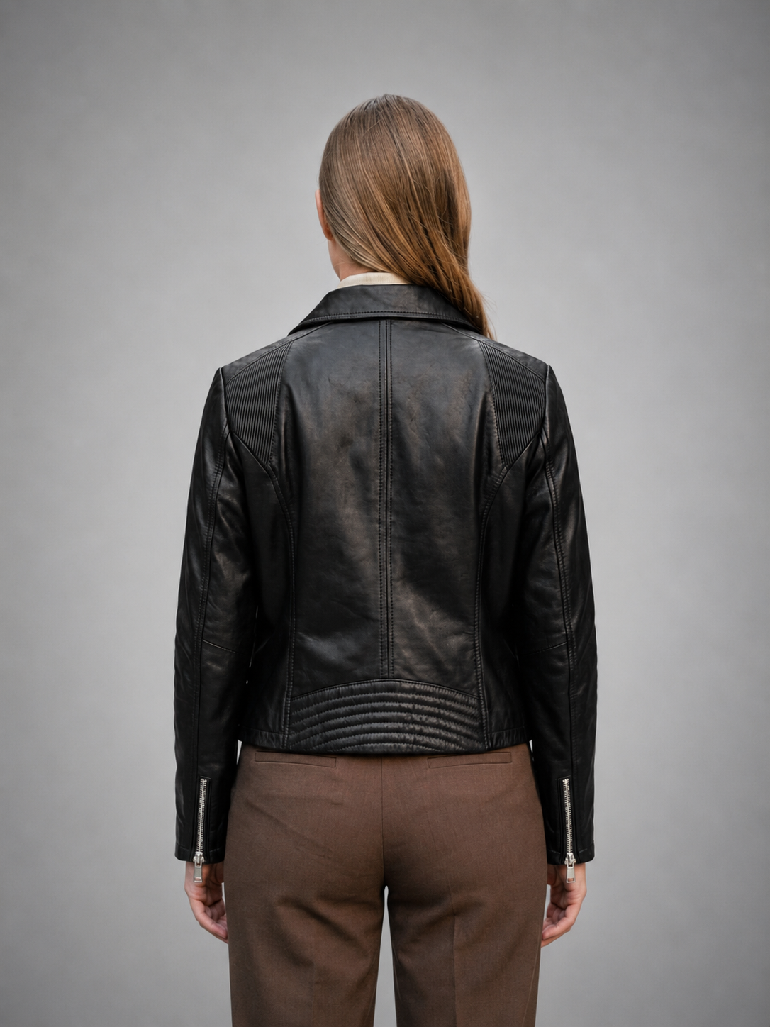 Women's Ribbed Panel Black Leather Biker Jacket