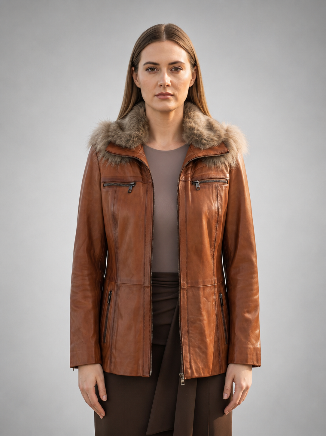 Women's Tan Brown Leather Jacket With Faux Fur Collar
