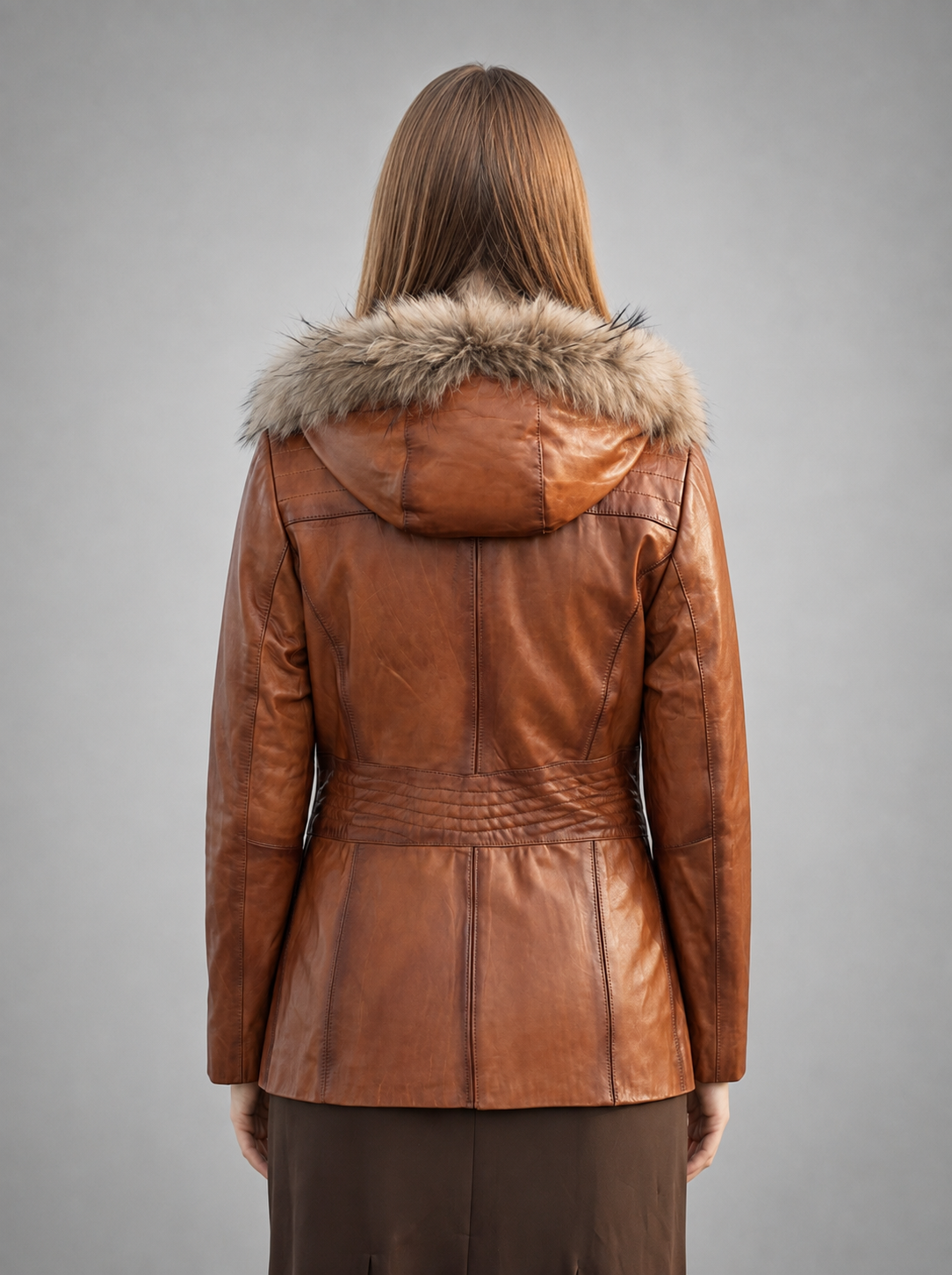 Women's Tan Brown Leather Jacket With Faux Fur Collar
